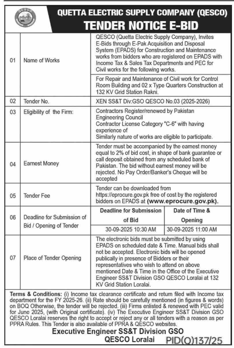 Quetta Electric Supply Company Tender Notice